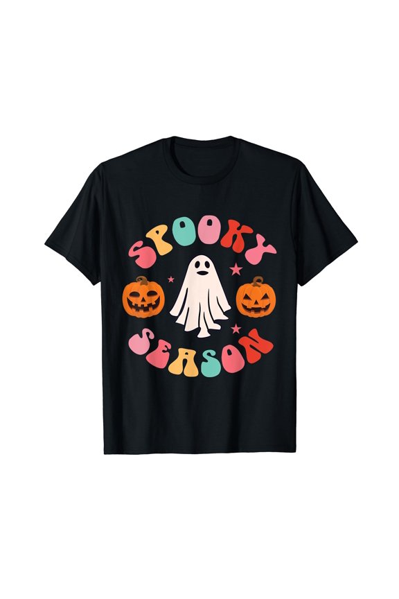 Retro Halloween Cute Ghost Spooky Season Funny Men Women Black T-Shirt Short Sleeve Tee