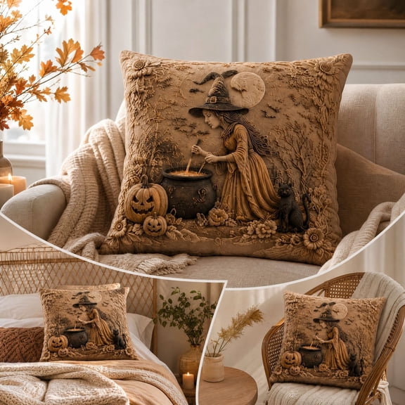 Retro Halloween Decorative Throw Pillow, Soft Cushion with Vintage Witch Ghost Pumpkin Design, Cozy Indoor Outdoor Versatile Patio Garden Sofa Couch Bed Home Party Decor