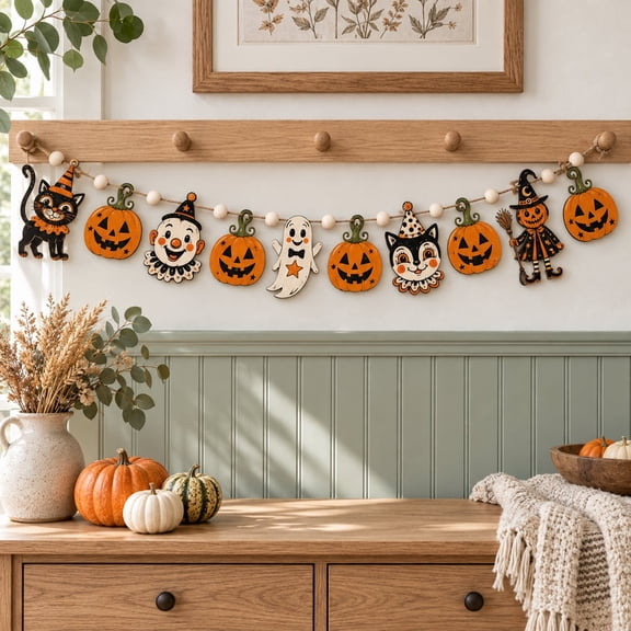 Retro Halloween Faces Wooden Garland, Black Cat Pumpkin Ghost Clown and