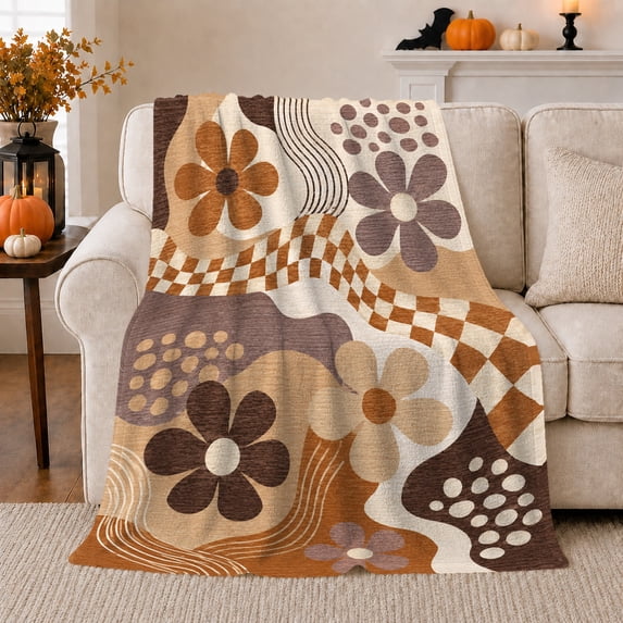 Retro Halloween Fall Floral Amoeba Shapes Checkerboard Pumpkin, Festive Pet Portrait Pattern, Warm Flannel Blanket for Living Room and Bedroom, Cat Lovers Halloween Gift, Pet Lover Home Decor