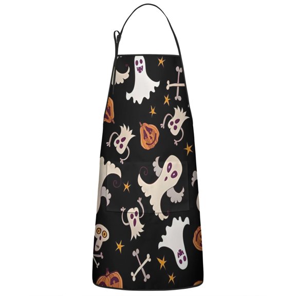 Retro Halloween Ghost Pattern Apron-Garden Aprons for Women with Pockets-Cotton Linen Waterproof Kitchen Cooking Gardening Aprons Adjustable for Kitchen,Cooking,BBQ and Salon 33"x27"