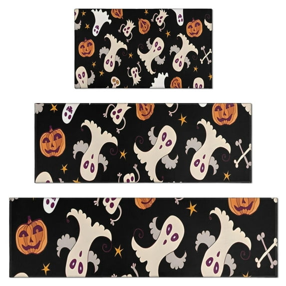 Retro Halloween Ghost Pattern Kitchen Rugs Sets Of 3,Kitchen Runner Rugs Non Skid Washable,Decorative Kitchen Floor Mats for Kitchen,Sink,Laundry,17"x30"+ 17"x47" + 17"x59"