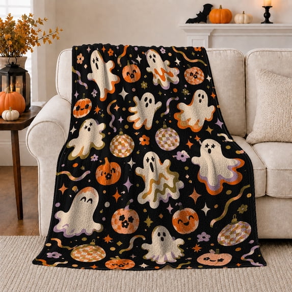 Retro Halloween Ghost Pumpkin Disco Pattern, Festive Halloween Scene, Warm Flannel Blanket for Living Room and Family Room, Art Lovers Halloween Gift, Festive Home Decor