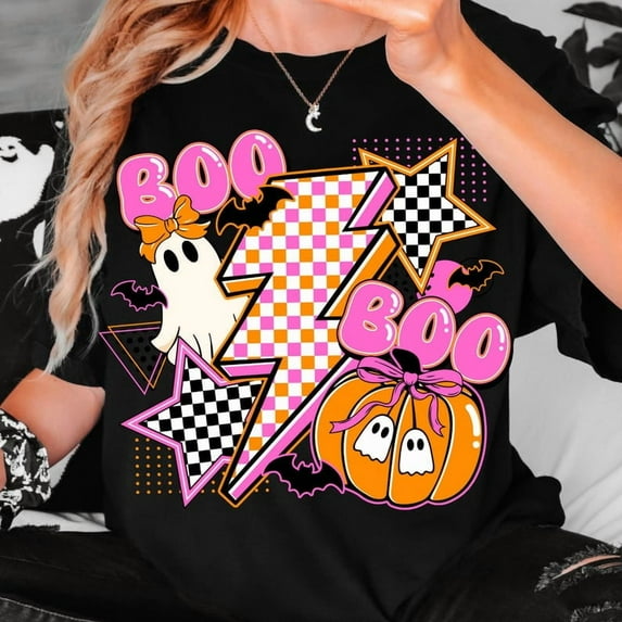Retro Halloween Ghost Pumpkin T-Shirt, Boo Ghost Coquette T-Shirt, Halloween T-Shirt, Checkered Ghost Shirt T-Shirt, Spooky Season T-Shirt, Ghost T-Shirt