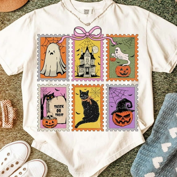 Retro Halloween Ghost Shirt, Spooky Mama Fall Tee, Girly Pumpkin Cat Shirt, Cute Spooky Season Shirt, Vintage Halloween Shirt