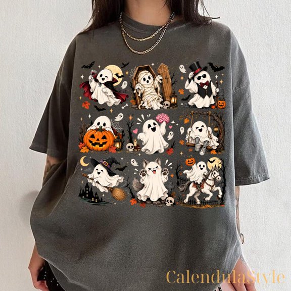 Retro Halloween Ghoul T-shirt, Spooky Season Monster, Vintage Cat Mom, Ghost And Cat, Halloween Ghost, Spooky Season Cat