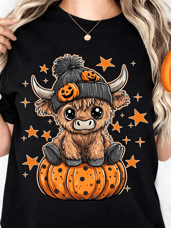 Retro Halloween Highland Cow, Mooing Fun Autumn Pumpkin Cow, Stylish And Cute Highland Cow T-Shirt Design, Trick Or Treat!