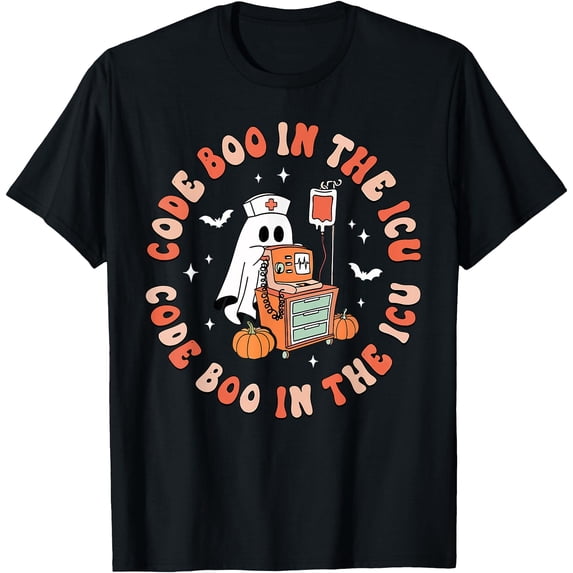 Retro Halloween Micu Sicu RN Nurse Ghost Code Boo in The ICU T-Shirt ...