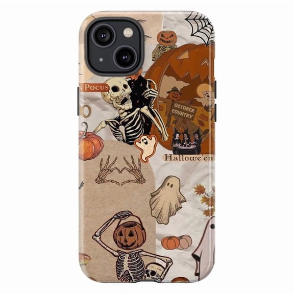 Retro Halloween Phone Case, Vintage Skeleton Ghost Pumpkin Collage Aesthetic Protective Cover for iPhone 16 15 14 13 12 11 Pro Max Plus Mini