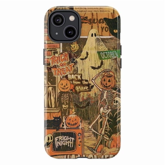 Retro Halloween Phone Case, Vintage Spooky Skeleton Ghost Pumpkin Collage Design, Protective Aesthetic Cover for iPhone 16 15 14 13 12 11 Pro Max Plus Mini
