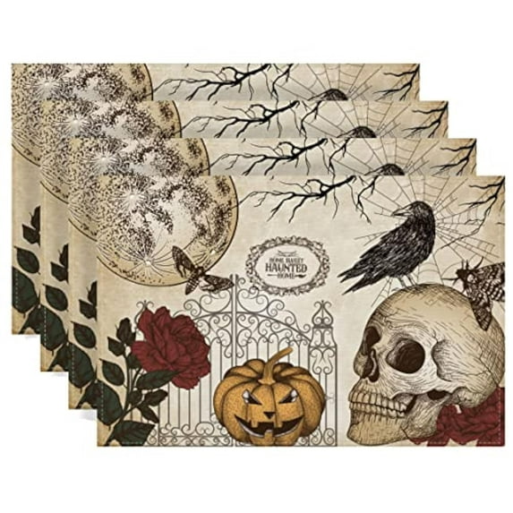 Retro Halloween Placemats Gothic Skull Table Mats Day of The Dead Roses Skull Decor Halloween Decorations and Supplies for Home Kitchen Table-12×18