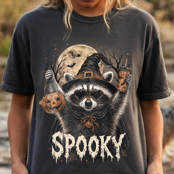 Retro Halloween Raccoon Shirt, Witch Hat Raccoon Funny Halloween T-Shirt