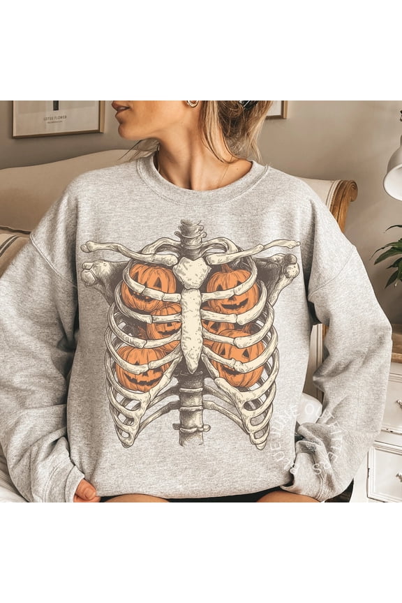 Retro Halloween Ribcage Pumpkins Sweatshirt, Skeleton Bones Crewneck, Unisex
