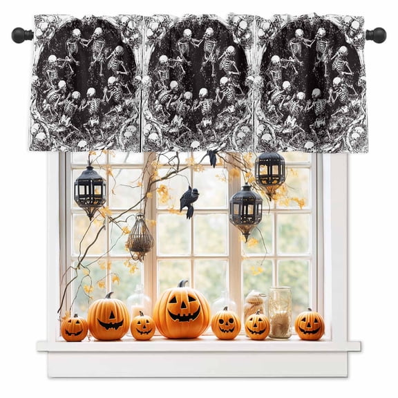Retro Halloween Scary Skull Skeleton Curtain Valances for Kitchen Windows,Short Valance Monochrome Horror Silhouette Small Window Treatment for Living Room Bathroom Bedroom,54" x 18"-1 Panel