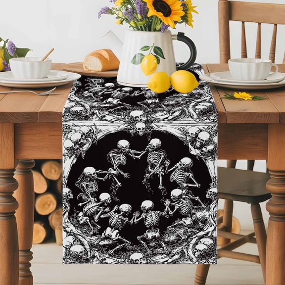 Retro Halloween Scary Skull Skeleton Table Runner 36 Inches Long, Non-Slip Kitchen Table Runners for Dining Room Everyday Use Party Table Decorations Monochrome Horror Silhouette