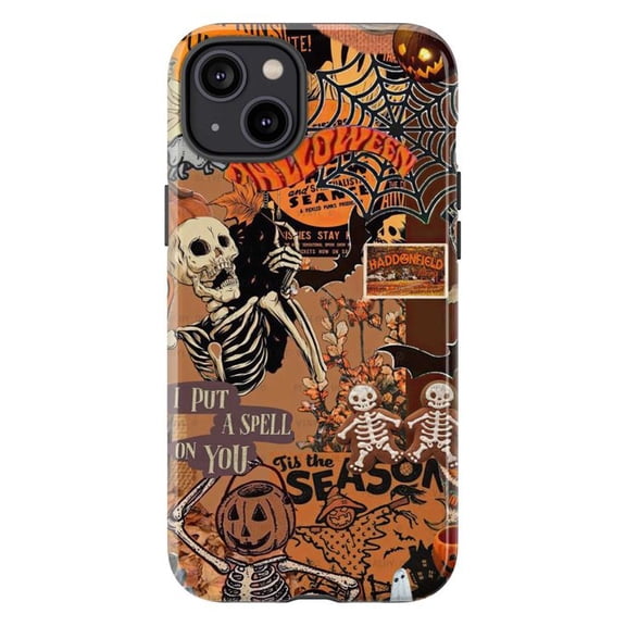 Retro Halloween Skeleton Collage iPhone Case – Spooky Autumn Aesthetic, “I Put a Spell on You” Design with Pumpkins, Bats & Cobwebs, Fits iPhone 16 15 14 13 12 11 Pro Max Phone Cover