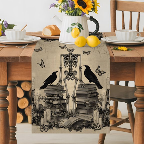 Retro Halloween Skull Skeleton Book Table Runner 36 Inches Long, Non-Slip Kitchen Table Runners for Dining Room Everyday Use Party Table Decorations Butterfly Crow Burlap