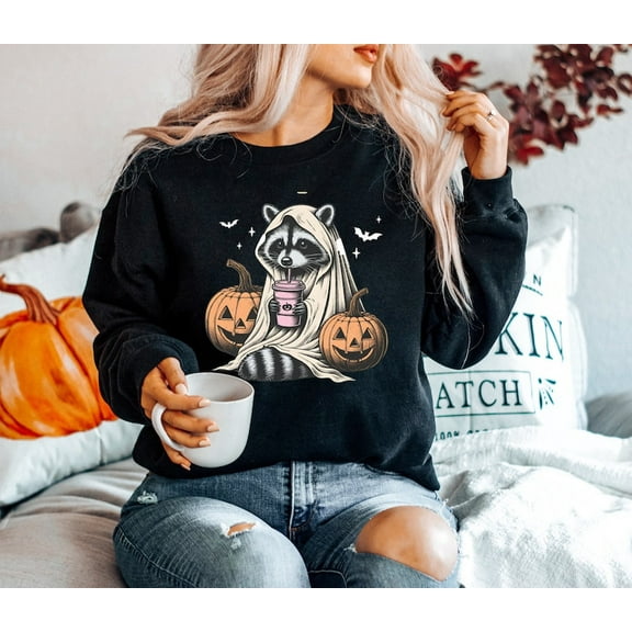 Retro Halloween Sweatshirt, Cute Raccoon Ghost Sweatshirt, Raccoon Halloween Sweatshirt, Vintage Pumpkin Fall Sweatshirt, Spooky Season