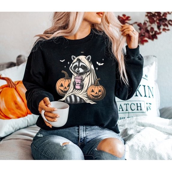 Retro Halloween Sweatshirt, Cute Raccoon Ghost Sweatshirt, Raccoon Halloween Sweatshirt, Vintage Pumpkin Fall Sweatshirt, Spooky Season