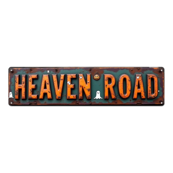 Retro Halloween Tin Signs 16*4 in Rusty Orange Letters Spirit Decor"HEAVEN ROAD text with pumpkin" indie space accessories funny area style metal wall art garage distressed look