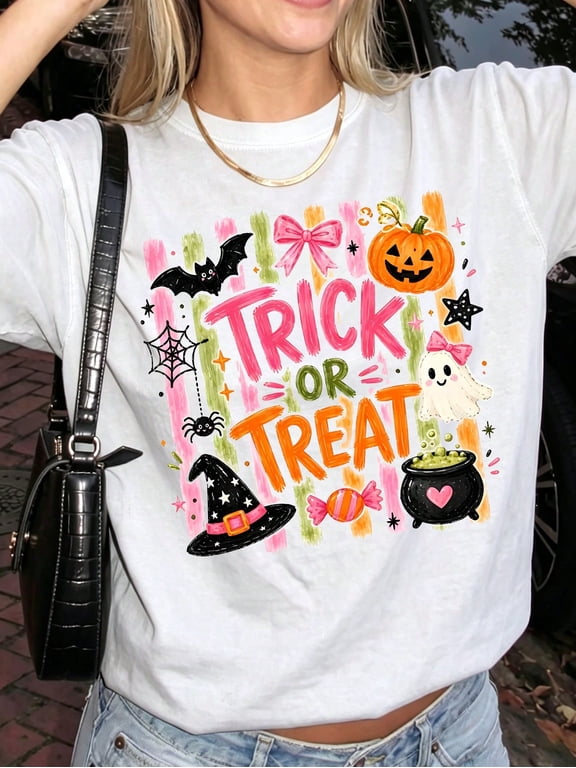 Retro Halloween Trick Or Treat Graphic Tee Coquette Aesthetic Short Sleeve Varsity Style Top For Women