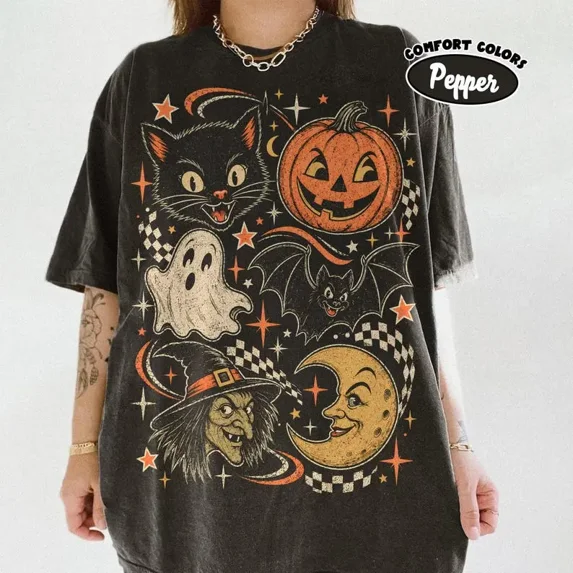 Retro Halloween Tshirt, Y2K Witch Ghost Black Cat Tee, Vintage Pumpkin ...
