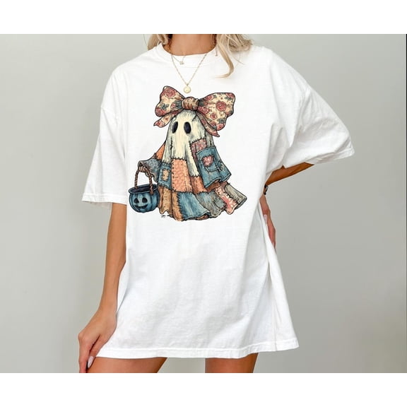 Retro Halloween tee, Blue Denim Ghost tee, Trendy Patchwork shirt, Spooky Ghost tee, Cute Boo Ghost Coquette, Fall Pumpkin, Spooky Season