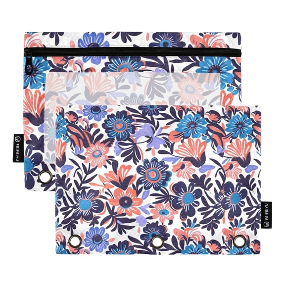 Retro Hand Drawn Flower 2 Pack Pencil Pouch for 3 Ring Binder Smooth Zipper Folders with Pockets Clear Window Pencil Case