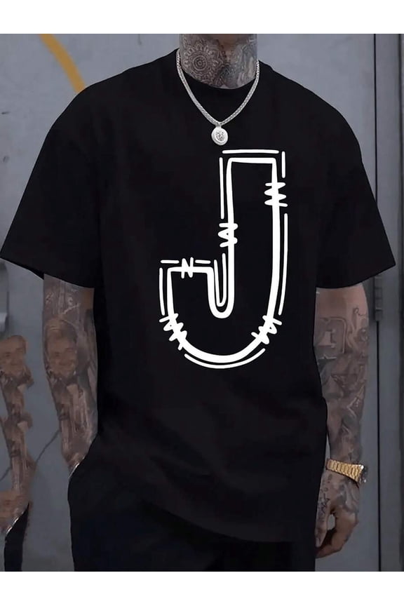 Retro Hand Drawn Letter J Graphic Tee, Streetwear Graffiti Style, Original Design, All Seasons, Daily Wear