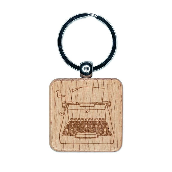 Retro Hand Drawn Vintage Typewriter With Blank Paper Square Keychain Charm Tag - Engraved Wood