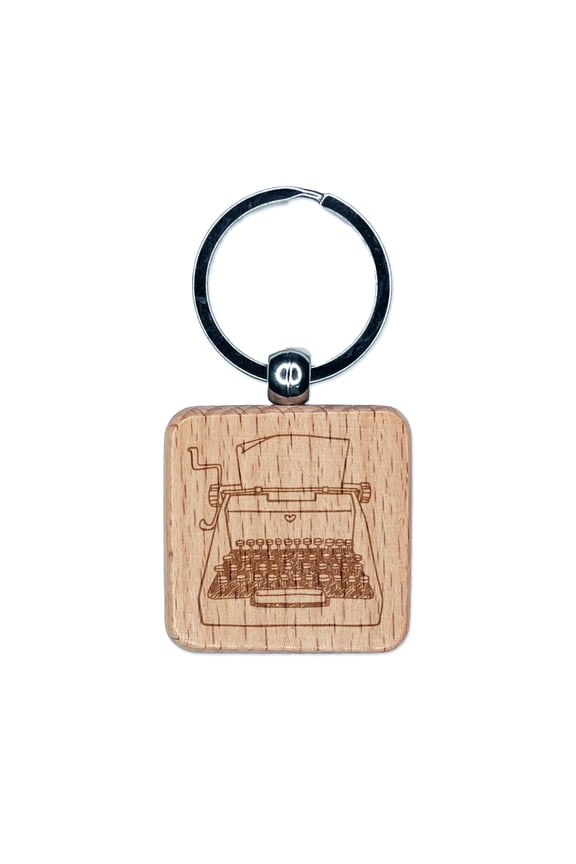 Retro Hand Drawn Vintage Typewriter With Blank Paper Square Keychain Charm Tag - Engraved Wood