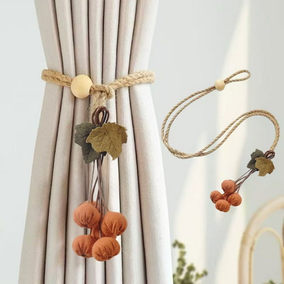 Retro Hand-Knitted Curtain Ropes Curtain Holdbacks Maple Leaf Tassel Drapery Tiebacks with Wood Bead, Double Leaves Farmhouse Theme Curtain Tie Backs for Indoor Outdoor Drapes Decorative