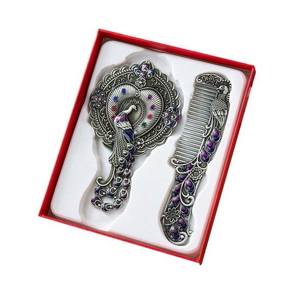 Retro Hand Mirror and Comb Set, Peacock Flower Pattern Decorative Vanity Tool, Metal Material for Travel and Home Use, Packaged in Gift Box