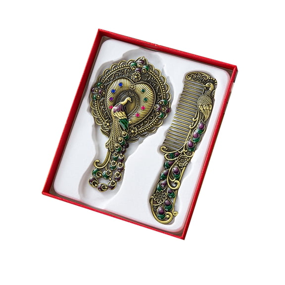 Retro Hand Mirror and Comb Set, Peacock Flower Pattern Decorative Vanity Tool, Metal Material for Travel and Home Use, Packaged in Gift Box