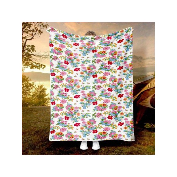 Retro Hand-Painted Floral Flannel Throw Blanket - Soft Warm Couch Office Bed Camping Travel Gift, Holiday  Theme