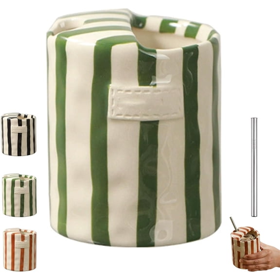 Retro Hand-Painted Striped Ceramic Coffee Cup with Sip Hole, 14oz Vintage Pottery Mug for Home, Office, Travel