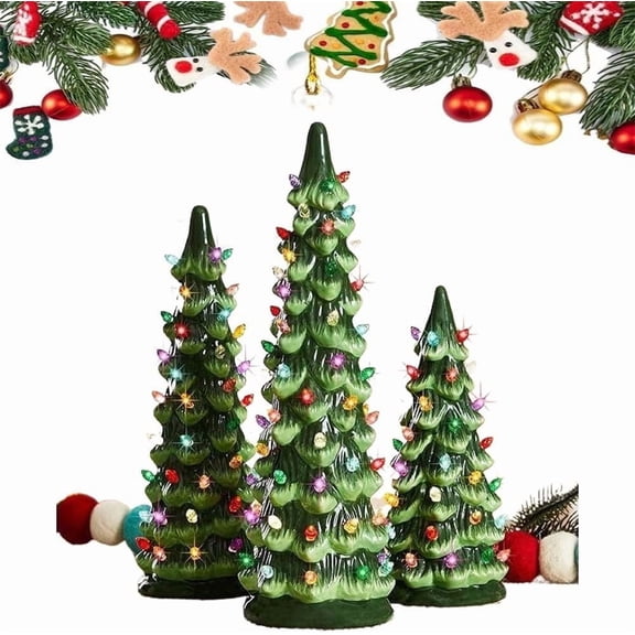Retro Hand-Painted Tabletop Christmas Trees, with Timer, Ceramic Christmas Trees Decorations with LED Glowing Lights, Resin Holiday Decoration Home Decor for Indoor