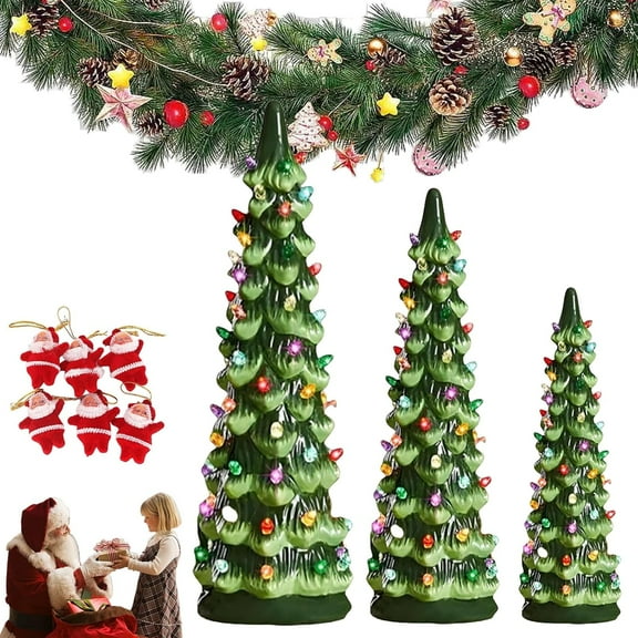 Retro Hand-Painted Tabletop Christmas Trees with Timer, Retro Hand Painted Table Top Christmas Trees, Ceramic Christmas Tree That Light Up for Home, Fireplace, Festive Ornament (Colorful (1PCS S))