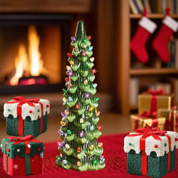 Retro Hand-Painted Tabletop Christmas Trees with Timer, Set of 3 Pre-Lit Ceramic Christmas Trees Decorations with LED Glowing Lights, Unique Tabletop Home Party Festival Ornament