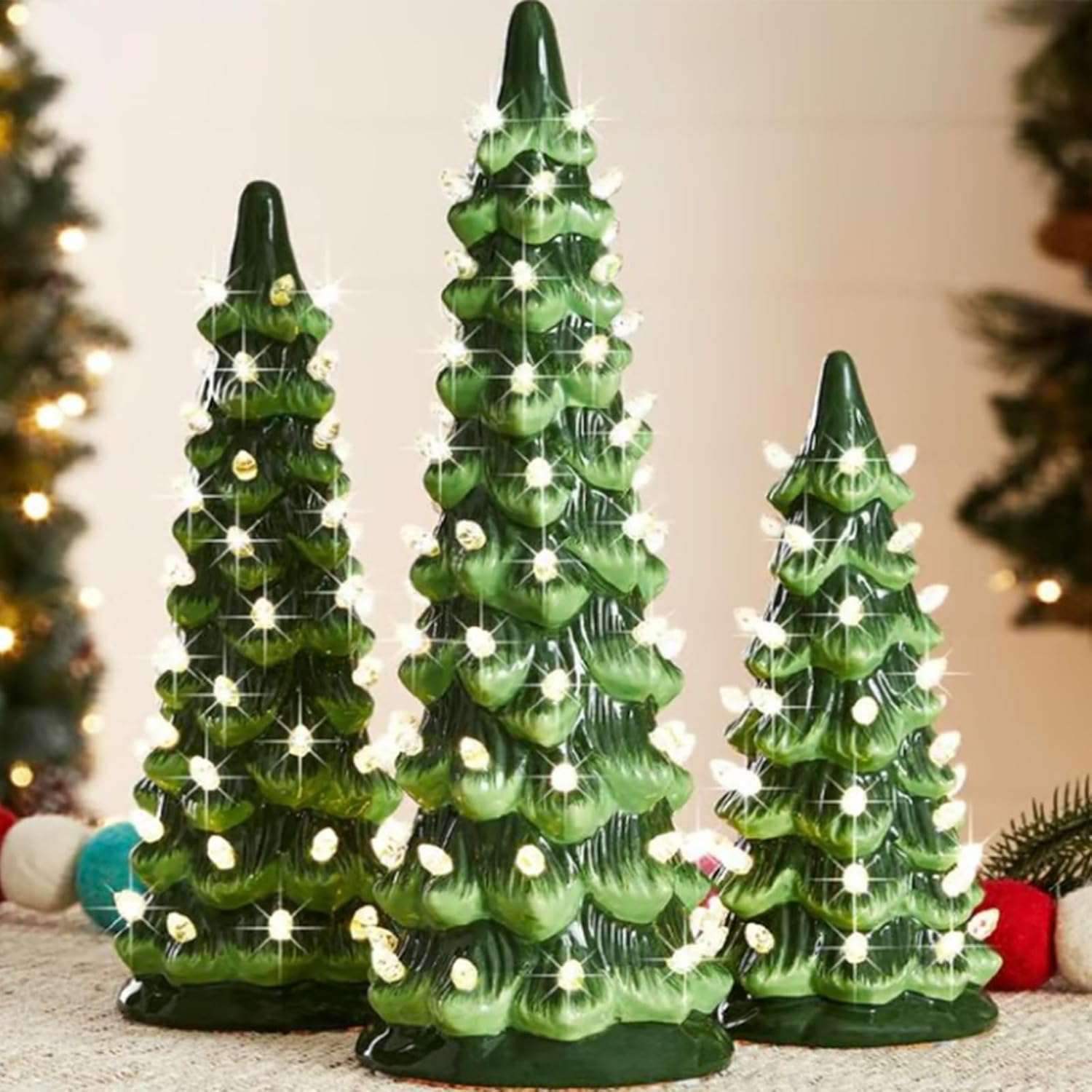 Led Tabletop Tree Retro Hand-Painted Tabletop Christmas Trees with Timer, Set of 3 Pre ...