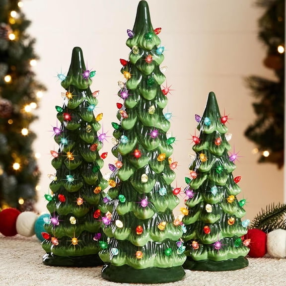 Retro Hand-Painted Tabletop Christmas Trees, Vintage Ceramic Christmas Trees with LED Lights, Battery Operated Table Top Decor for Home, Office Holiday Decoration