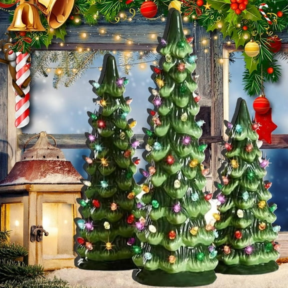 Retro Hand-Painted Tabletop Christmas Trees, Vintage Resin Christmas Trees Light up Tabletop Holiday Decor with Multicolor Bulbs LED Lights, for Home, Fireplace, Festive Ornament