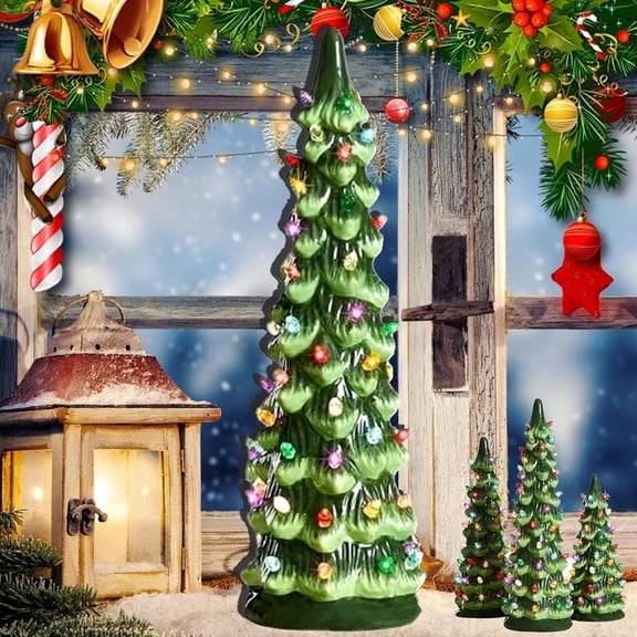 Retro Hand-Painted Tabletop Christmas Trees with Timer - Ceramic Christmas Trees That Light Up