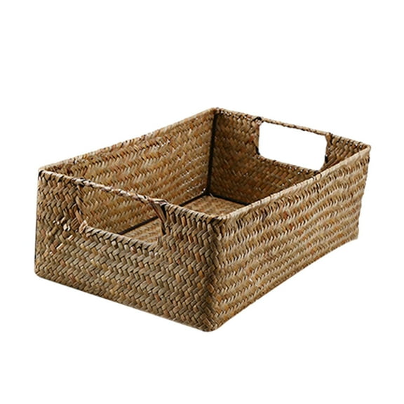 GOOHOCHY Retro Hand Woven Seaweed Storage Basket Household Rectangular Organizer Storage Box for Home Clothes 36X26X12CM L Yellow