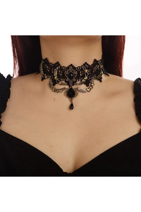 Retro Handmade Craft Lace Royal Court Vampire Choker Gothic Necklace Bracelet Black Pendant Chain