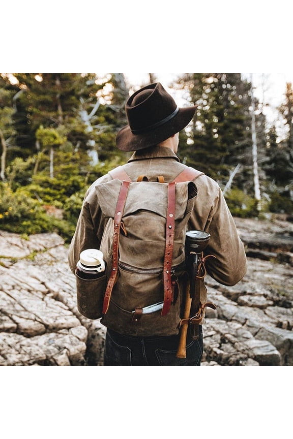 Retro Handmade Waterproof Backpack Wax Wash Canvas Stitching Leather Backpack Outdoor Travel Mountaineering Backpack,Green