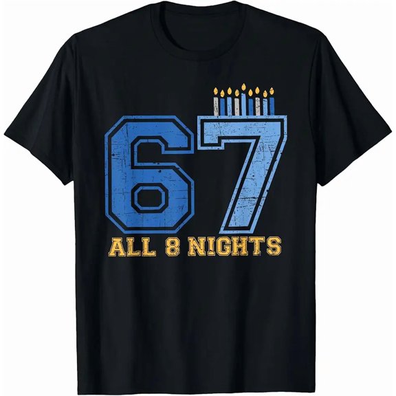 Retro Hanukkah 67th Birthday T-Shirt Menorah All 8 Nights Graphic Tee for Men Women Festival of Lights Jewish Holiday Apparel