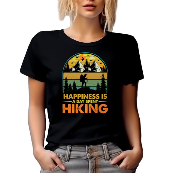 Retro Happiness Is a Day Spent Hiking - Hiker or Mountain Climber Quote, Black T-Shirt, Small