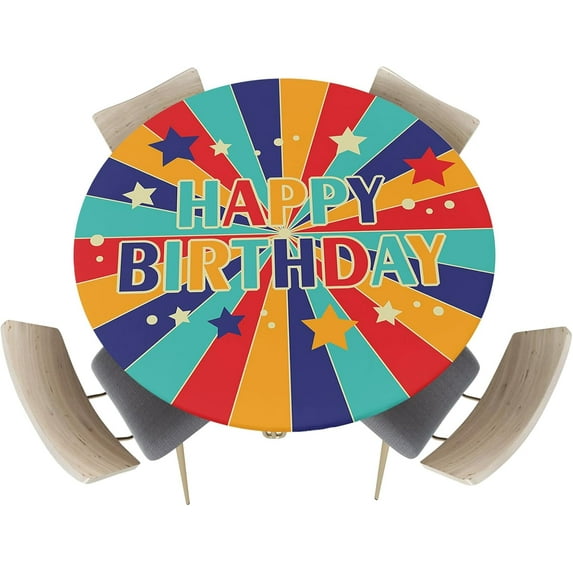 Retro Happy Birthday Fitted Tablecloth for Round Table,Colorful Star and Stripe Table Cover with Elastic Edge Waterproof Table Cloth,Pentagram Circle Table Covers for Kitchen 36-44in