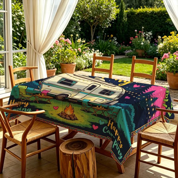 Retro Happy Camping RV Camper Vintage Campfire 2D Print Tablecloth, Pattern Decorative Table Cover for Kitchen Dining Outdoor Patio Garden Gatherings, Ideal Christmas Gift for Camping Lovers